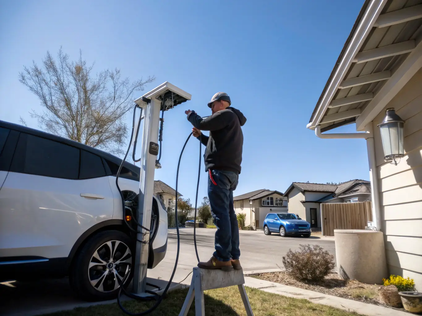 A certified Calispark Electric technician installing a Tesla EV charger in a residential garage, showcasing precision and expertise.