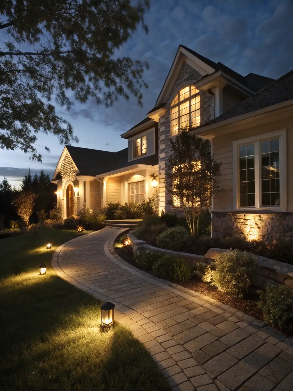 Outdoor security lights illuminating a home's exterior, illustrating the 'Exterior Safety Package' provided by Calispark Electric.