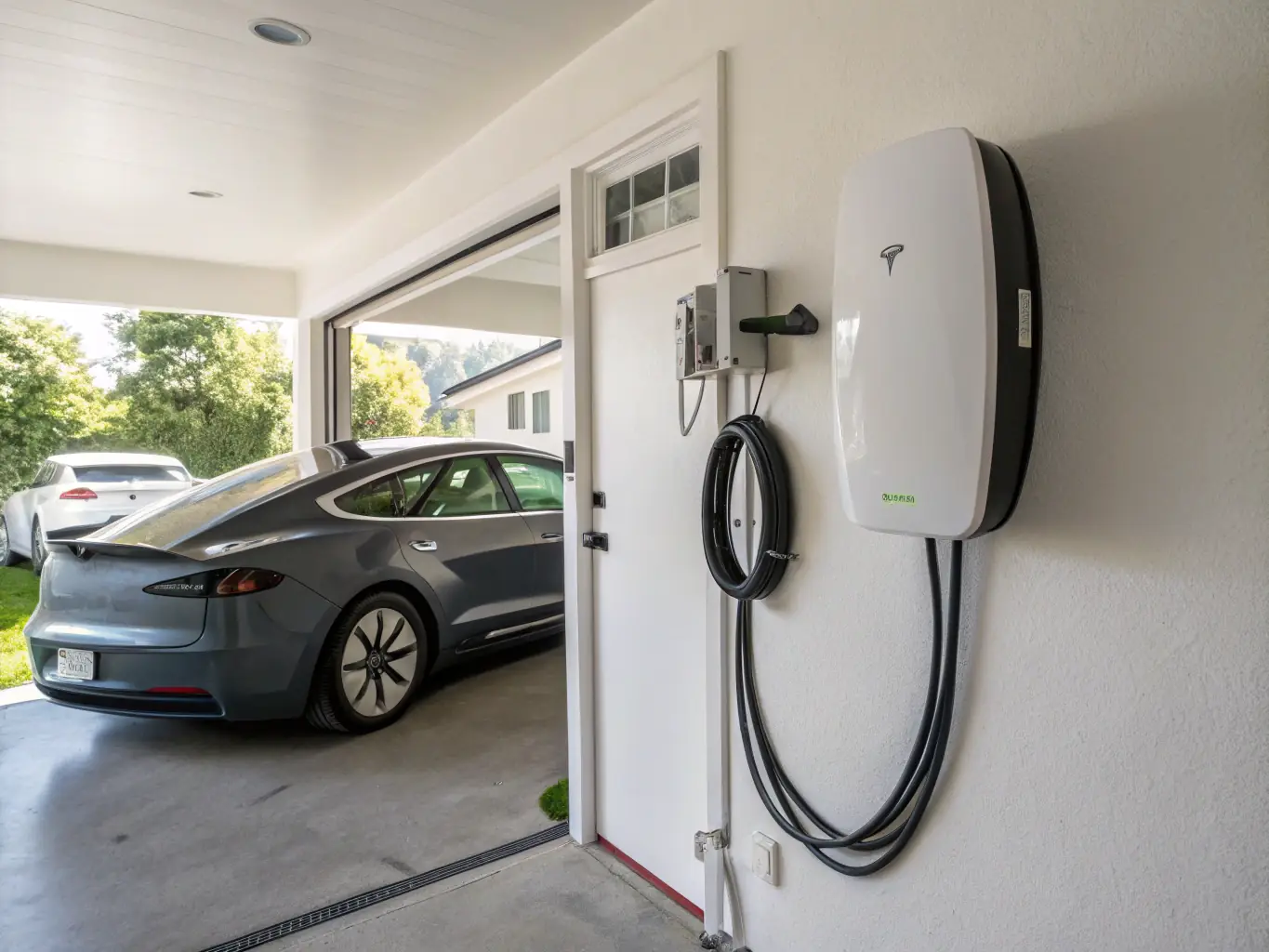 An EV charger being installed on a residential garage wall, highlighting the convenience of electric vehicle charging at home.