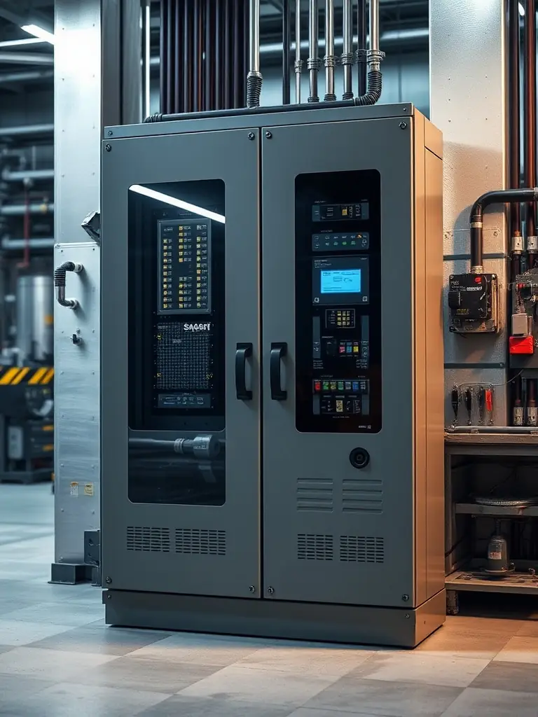 A newly installed electrical panel with a fresh stucco patch around it, showcasing the 'Panel + Stucco Patch Combo' package offered by Calispark Electric.