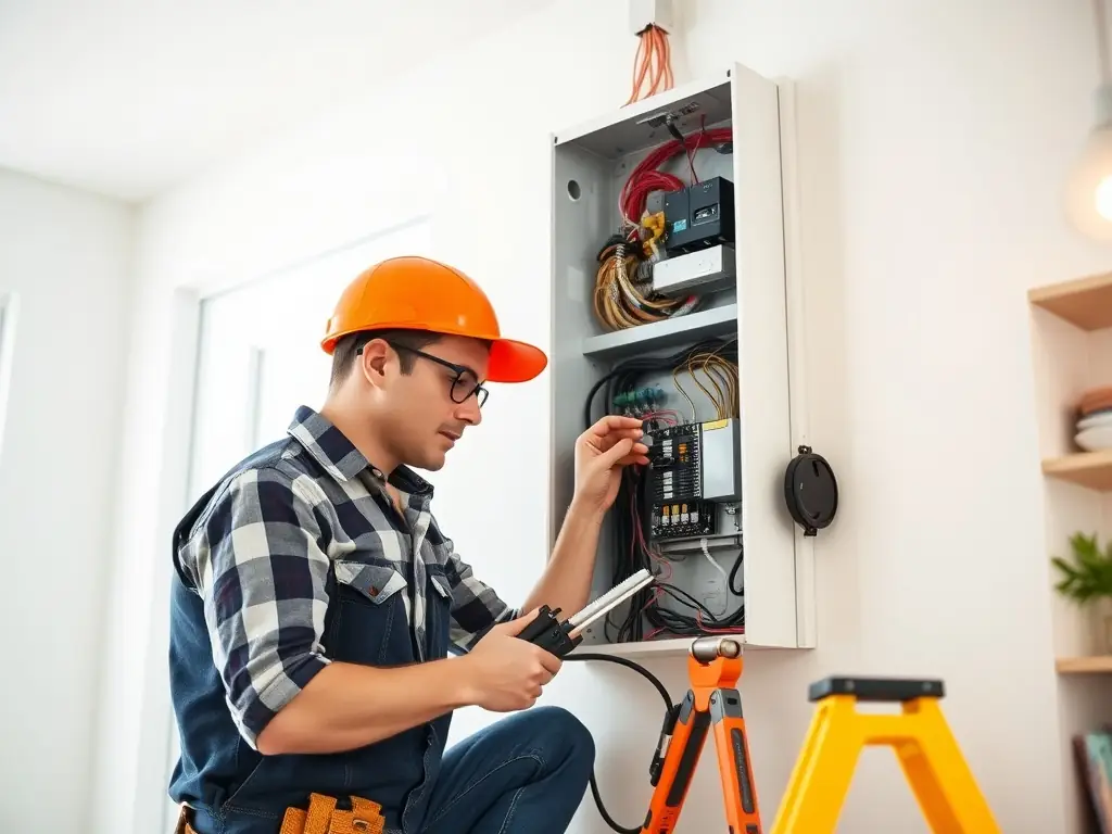 An electrician installing a new high-capacity electrical panel in a residential garage, showcasing the upgrade process.