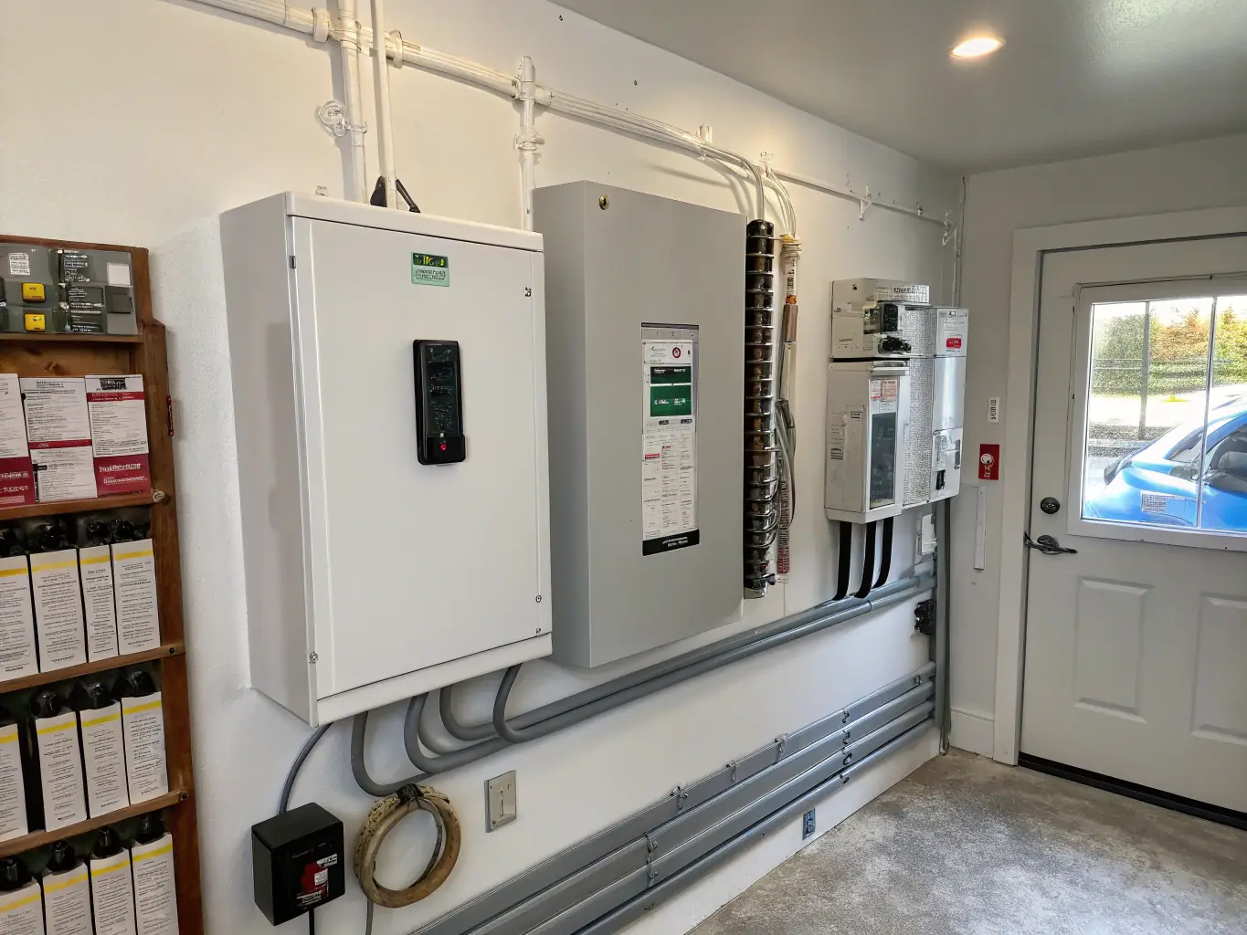 A professionally installed electrical panel with a freshly patched stucco wall, showcasing the seamless integration of the 'Panel + Stucco Patch Combo' package.