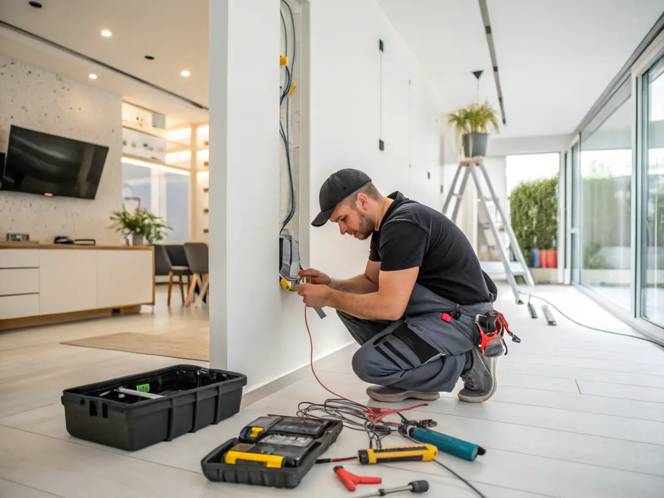 An image of electricians carefully rewiring a home, replacing old and unsafe wiring with new, code-compliant materials, ensuring the safety and reliability of the electrical system.