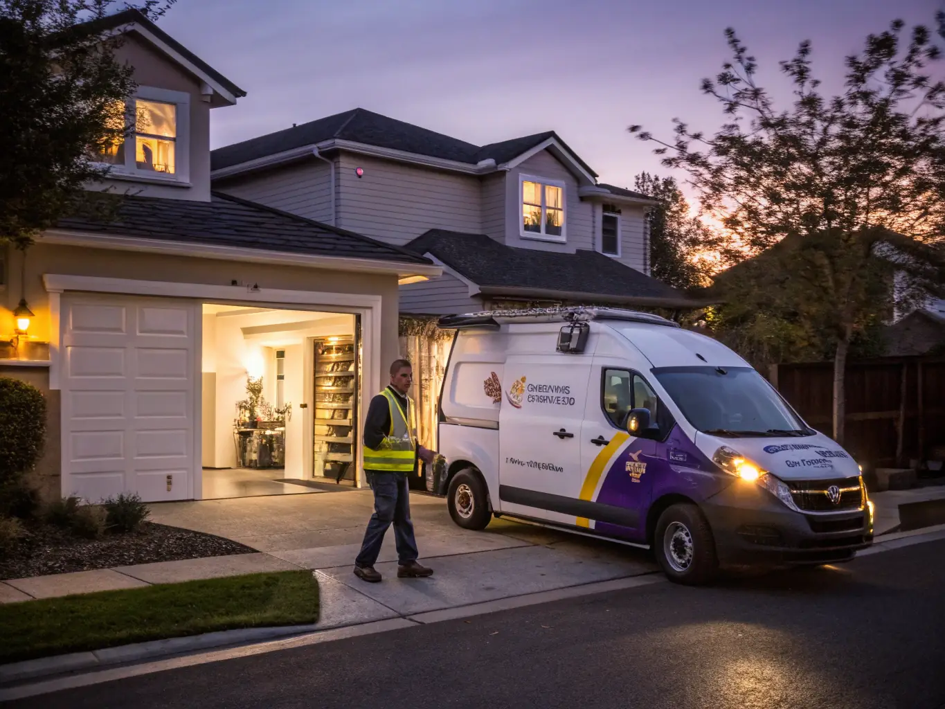 A Calispark Electric van parked in front of a residential property in San Diego, showcasing their local presence and commitment to serving the community.