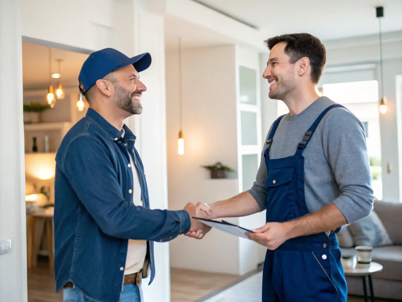 A satisfied Calispark Electric customer shaking hands with an electrician after a successful EV charger installation in their garage.