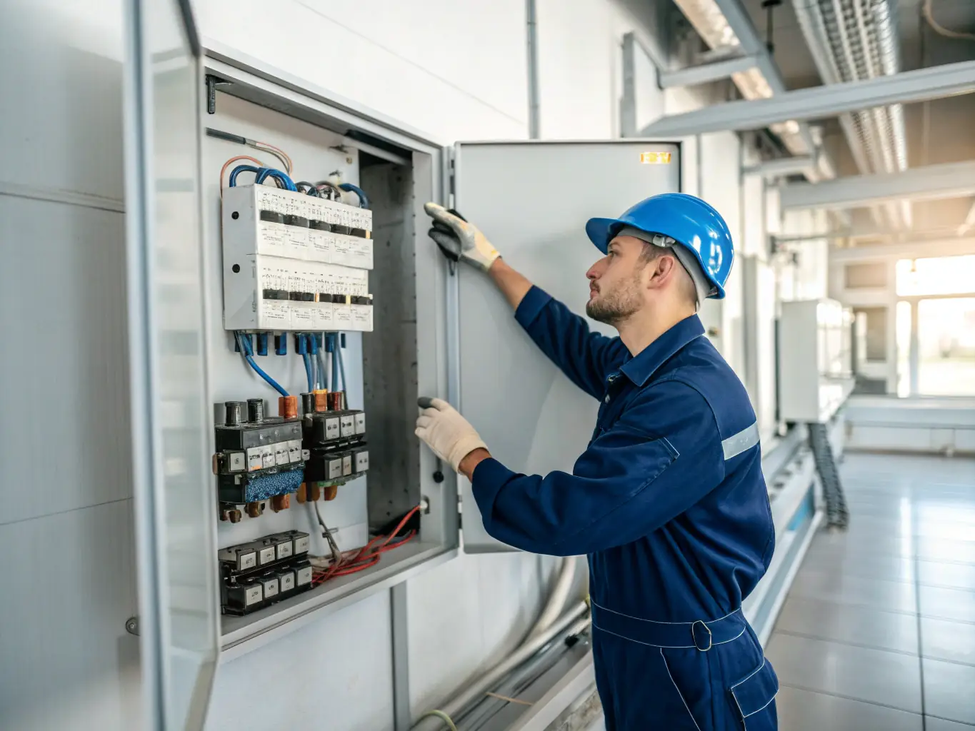 A licensed electrician from Calispark Electric performing a detailed inspection of an electrical panel in a San Diego home, ensuring safety and compliance.