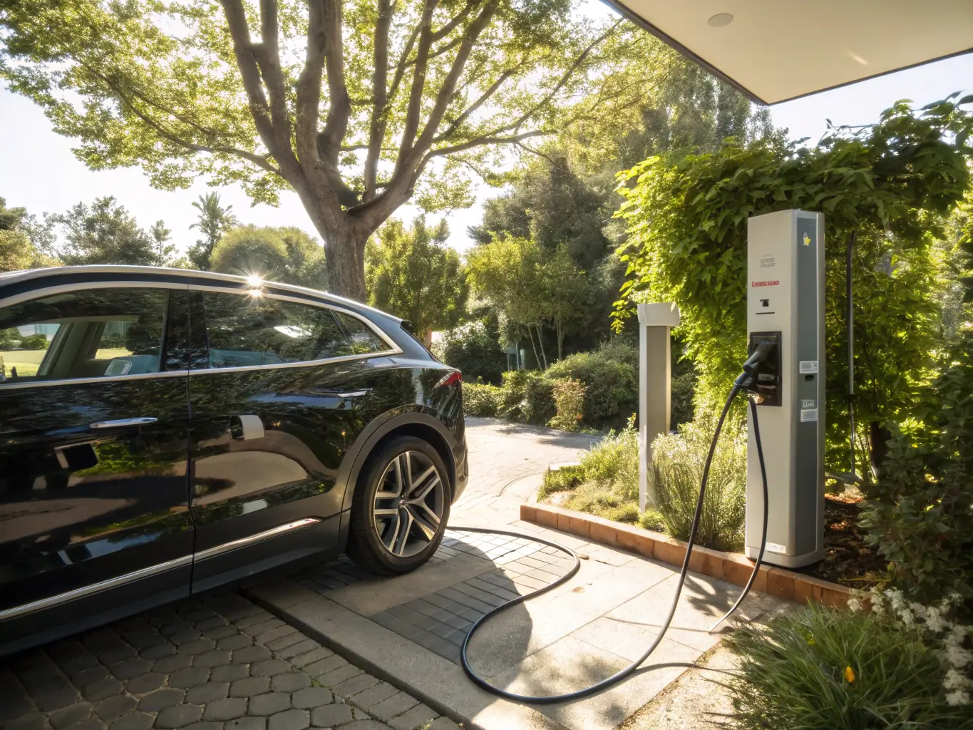 A Tesla electric vehicle charging at a sleek, modern home charging station installed by Calispark Electric, highlighting the convenience and reliability of their EV charger installation services.