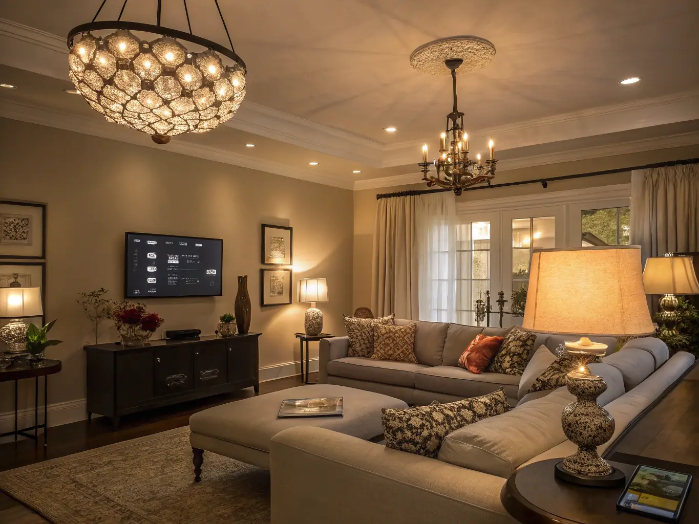 A modern living room featuring updated lighting fixtures, outlets, and a clean, organized electrical setup, representing the 'Living Room Refresh' package.