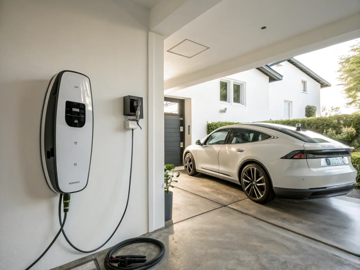 A newly installed universal EV charger mounted on the exterior wall of a modern home, highlighting a clean and efficient installation.