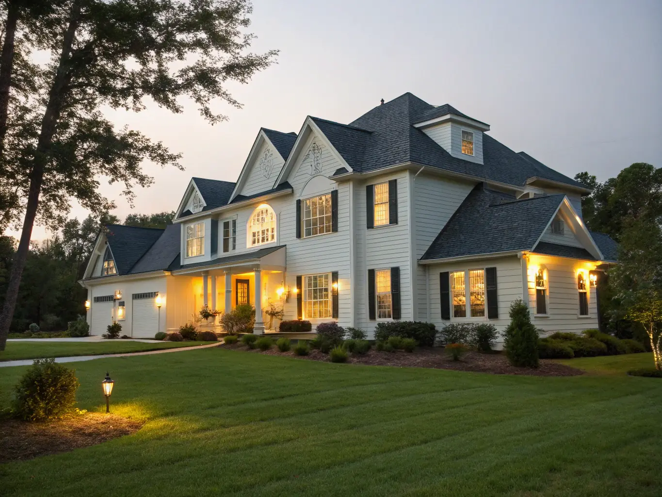 Exterior of a house with newly installed outdoor lighting fixtures, highlighting the increased safety and aesthetic appeal provided by the 'Exterior Safety Package'.